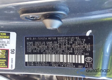 2018 Toyota Corolla Le from USA, damaged, VIN 2T1BURHE4JC071470